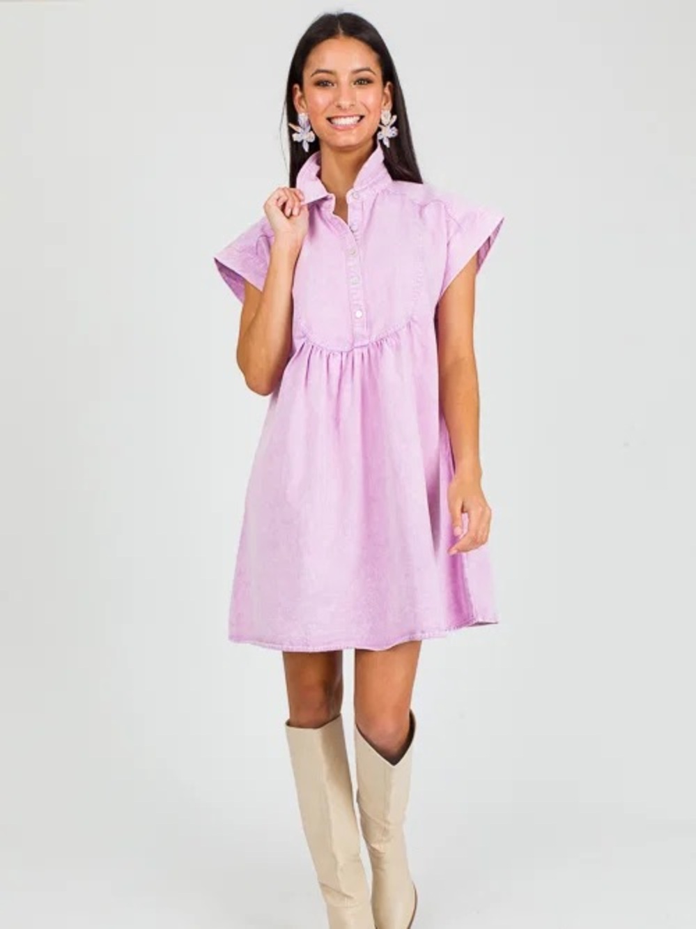 entro Lavender Purple Denim Button-Front Flutter Sleeve Smock Dress